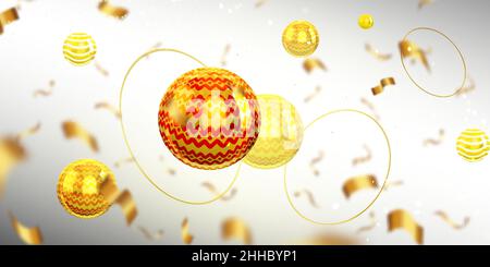 Abstrakter Hintergrund mit 3D Kugeln, Konfetti und goldenen Kreisen, die auf dem Hintergrund mit Unschärfe-Effekt fliegen. Goldene Kugeln mit dekorativem Ornament, grafische Designvorlage für Anzeigen, realistische Vektordarstellung Stock Vektor