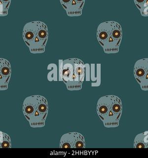 Day of Death nahtlose traditionelle Muster mit Doodle Schädel Ornament. Türkisfarbener Hintergrund. Abbildung des Bestandes. Vektor-Design für Textil, Stoff, gif Stock Vektor