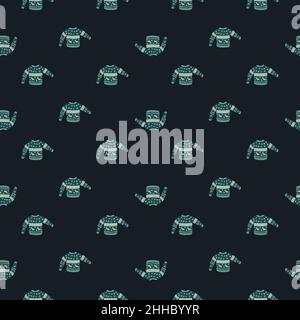 Kleine blaue kuschelige Pullover mit nahtlosem Doodle-Muster. Winterkleidung auf dunklem Hintergrund. Flacher Vektordruck für Textilien, Stoff, Geschenkdrap, Tapeten. Ende Stock Vektor