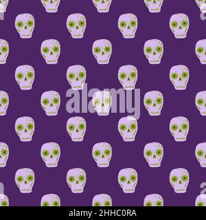 Seamless Pirate Muster mit handgezeichneten Schädel unheimlich Ornament. Heller violetter Hintergrund. Abbildung des Bestandes. Vektor-Design für Textil, Stoff, giftwra Stock Vektor