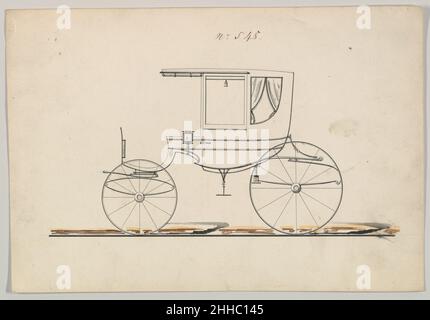 Design für Rockaway, nein 548 1850–70 Brewster & Co. American Brewster & Company HistorieBrewster & Company wurde 1810 von James Brewster (1788–1866) in New Haven, Connecticut, gegründet und spezialisierte sich auf die Herstellung von feinen Wagen. Der Gründer eröffnete 1827 einen New Yorker Showroom in der 53-54 Broad Street, und das Unternehmen florierte unter Generationen der Familienführung. Die Expansion erforderte Umzüge in Lower Manhattan, wobei Namensänderungen die Veränderungen des Managements widerspiegeln – James Brewster & Sons operierte an der 25 Canal Street, James Brewster Sons am 396 Broadway und Brewster an der Broome Street war Basis Stockfoto