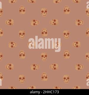 Dekoratives Nahtloses Muster mit kleinem beigefarbenen Totenkopf-Dekor-Ornament. Blass Palette Horror Hintergrund. Abbildung des Bestandes. Vektor-Design für Textil, fabri Stock Vektor