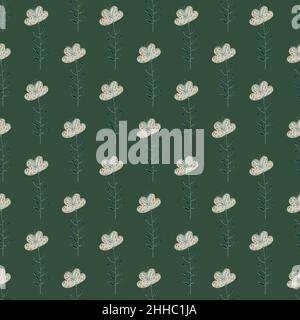 Nahtloses Muster mit Field Flower Silhouetten. Umreißen Blumenschmuck auf grünem Hintergrund. Abbildung des Bestandes. Vektor-Design für Textil, Stoff, gi Stock Vektor