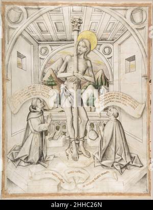 Christus an der Säule ca. 1440–70 Delli brüder Italiener Diese große, gut erhaltene, zart gerenderte Zeichnung auf feinem Pergament stammt aus den Jahren um 1440-70 und ist von großer Rarität und historischer Bedeutung. Die Zeichnung verkörpert die einzigartige Mischung aus italienischen und spanischen Elementen, die die Malerei in Spanien Anfang bis Mitte des 15th. Jahrhunderts, insbesondere in den Regionen Castilla und Leon, prominent definierte. Es wurde in Spanien in der Werkstatt der Brüder Delli (dello Delli, Niccolò Delli und Sansone Delli) hergestellt, Florentiner Künstler, die sich in der Region Salamanca und Avila in Spanien niederließen, Stockfoto