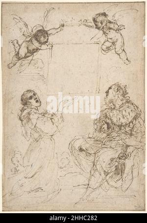 Der heilige Franz von Assisi und der heilige Ludwig von Frankreich verehren das Bild der Jungfrau Ca. 1618 Guercino (Giovanni Francesco Barbieri) Italienische Studie zu einem Gemälde von Guercino aus dem Jahr 1618 (mit einer Inschrift in der rechten unteren Ecke: 'FILIJ EQUITIS LUDOVICI / NALDIJ FIERI CURARUNT / 1618') in der Kirche San Francesco in Brisighella (Faenza). William Griswold (1991) erklärt, dass das Blatt des Museums bereits in einem frühen Stadium des vorbereitenden Entwurfsprozesses liegt und dass eine entsprechende Studie in Stuttgart (Staatsgalerie, Schloss-Fachsenfeld Coll.) näher an dem ausgeführten Gemälde liegt. Andere Studien im Zusammenhang mit dieser Stockfoto