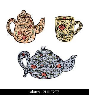Stellen Sie die Wasserkocher auf weißen Hintergrund isoliert ein. Handgezeichnet niedlichen Wasserkocher hoch, Teekannen kurz und Becher mit Blumenmuster. Doodle-Vektor-Illustration. Stock Vektor