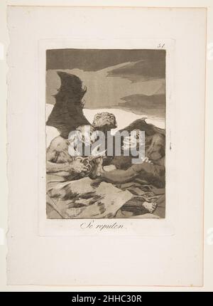 Platte 51 von 'Los Caprichos': Sie fichten sich auf (SE repulen.) 1799 Goya (Francisco de Goya y Lucientes) Spanisch. Platte 51 aus 'Los Caprichos': Sie fichten sich auf (SE repulen.). Goya (Francisco de Goya y Lucientes) (Spanisch, Fuendetodos 1746–1828 Bordeaux). 1799. Radierung, brüniertes Aquatinta, Burin. Ausdrucke Stockfoto