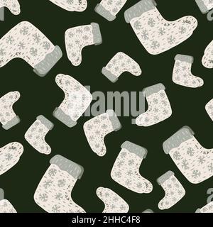 Grau und weiß gefärbtes, nahtloses Winterschuhmuster. Stiefel drucken auf dunklem Hintergrund. Abbildung des Bestandes. Vektor-Design für Textil, Stoff, gi Stock Vektor