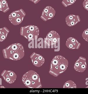 Nahtloses Zufallsmuster mit halloween Scary Totenkopf Print. Purpurfarbenes mexikanisches Urlaubsmuster. Abbildung des Bestandes. Vektor-Design für Textil, Stoff, Stock Vektor