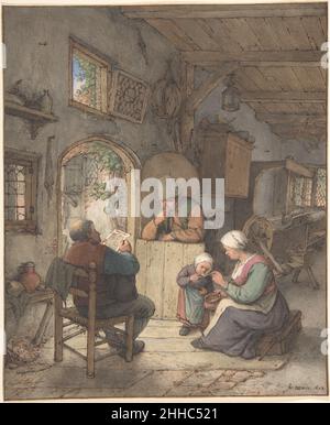 Lesen der Nachrichten in der Weberhütte 1673 Adriaen van Ostade Niederländisch Diese Szene eines Mannes, der die Nachrichten inmitten von Familie und Freunden in den sonnenbeschienenen Grenzen einer Weberhütte liest, verkörpert die rustikalen Szenen des Bauernlebens, für die Ostade so bekannt ist. Leinenweberei, ein Beruf, der nur von Männern ausgeübt wird, wurde im 17. Jahrhundert zur wichtigsten und lukrativsten Besetzung in Haarlem. Ostade feierte den wirtschaftlichen Gewinn, den diese Industrie mit diesem herausragenden Aquarell, einem autonomen Kunstwerk, erzielt hatte, das bis ins 18. Jahrhundert berühmt war. Stockfoto