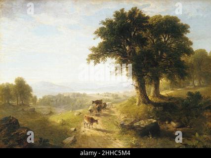 River Scene 1854 Asher Brown Durand American der sanfte Sonnenschein eines Spätsommernachmittages verschönt diese Szene. Die Rinder schlendern in Richtung ihrer unsichtbaren Scheune und werfen lange Schatten über die geruttete Straße. Die Hügel auf der anderen Seite des Wassers sind niedrig und sanft abfallend, in der blauen Ferne trüb. Dies ist nicht die typische Hudson River School Landschaft, die in der Regel einige dramatische Elemente enthält. Die Stimmung, das Tempo und vor allem die Komposition, Die zwei prächtige Bäume in ihrer diagonalen Raumteilung betont, beziehen Durands Arbeit auf englische Landschaftsbilder. Flusslandschaft 10796 Stockfoto