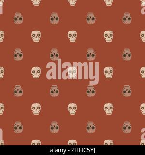 Death Nahtloses Muster mit beigefarbenen Totenkopf-Elementen. Backstein farbigen Hintergrund. Cartoon-Druck. Abbildung des Bestandes. Vektor-Design für Textil, fabr Stock Vektor
