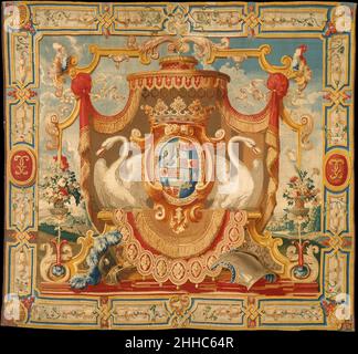 Wappen der Familie Greder aus Solothurn, Schweiz ca. 1691–94 Französisch, möglicherweise Paris oder Lothringen dieser Wandteppich feiert die Familie Greder aus Solothurn (Schweiz), von denen viele in der französischen Armee dienten. Es wurde wahrscheinlich von François Laurent Greder (1658-1716) in Auftrag gegeben, als er 1691 Brigadier wurde und 1694, als er zum Ritter des Ordens von Saint Louis ernannt wurde. Der dramatische Einsatz der Schwäne zur Flanke des Wappens ist eine Anspielung auf die Schwanenfüße, die Teil der Greder-Arme sind. Der Wandteppich trägt nicht die Spuren der großen französischen Königsgobelins oder Beauvais manu Stockfoto
