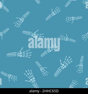 Zufällige nahtlose Doodle-Muster mit weißen Umriss Knochen Hände Elemente. Blauer Hintergrund. Grafikdesign für Geschenkpapier und Stofftextur. Vektor Stock Vektor