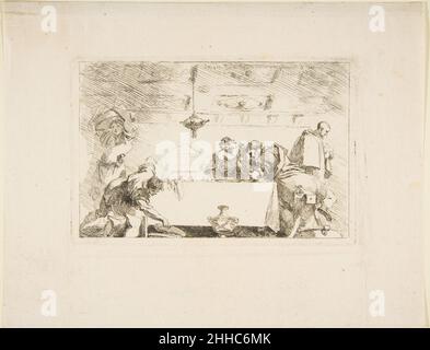 Das letzte Abendmahl ca. 1764 Jean Honoré Fragonard Französisch Diese Radierung stammt aus einer Gruppe von sechzehn Personen, die Fragonard um 1763-64 in Paris angefertigt hatte, basierend auf schwarzen Kreidezeichnungen, die er einige Jahre zuvor in Italien für seinen Freund und Mäzen, den abbé de Saint-Non, angefertigt hatte. Von den sechzehn basierten zehn auf venezianischen Modellen, darunter dieses nach Sebastiano Ricci (Italienisch, 1659-1734). Riccis ursprüngliche Leinwand, die für die Kirche von Corpus Domini angefertigt wurde, überlebt nicht, so dass wir nicht sicher sein können, in welchem Maße Fragonard seine Leinwand verändert oder vereinfacht haben mag. Laut zeitgenössischen Reiseführern war Riccis Malerei Stockfoto