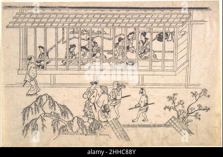 Die sechste Szene aus Szenen des Vergnügungsviertels in Yoshiwara in Edo Hishikawa Moronobu aus dem späten 17th. Jahrhundert, japanisch. Die sechste Szene aus Szenen des Vergnügungsviertels in Yoshiwara in Edo 55758 Stockfoto