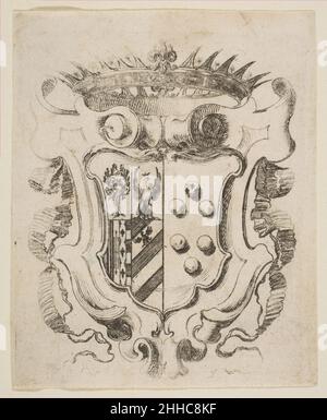 Wappen der Medici mit della Rovere 1637 geätzt von Stefano della Bella Italienisch. Arme der Medici mit della Rovere. Geätzt von Stefano della Bella (Italienisch, Florenz 1610–1664 Florenz). 1637. Radierung. Ausdrucke Stockfoto