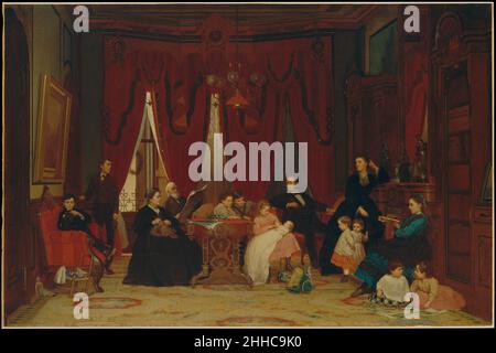 The Hatch Family 1870–71 Eastman Johnson American Alfrederick Smith Hatch (1829–1904) war ein prominenter Wall Street Broker in der Firma Fisk und Hatch und von 1883 bis 1884 Präsident der New Yorker Börse. Wie viele seiner Geschäftspartner war er ein begeisterter Kunstsammler. Eines der schönsten Gemälde in seiner Sammlung war dieses Auftragsgruppenportrait, das drei Generationen seiner Familie zeigt. Sie zeigt sie in der Bibliothek ihres New Yorker Wohnsitzes an der 49 Park Avenue, an der nordöstlichen Ecke der 39th Street. Luke sitzt rechts an seinem Schreibtisch, und seine Frau, die Form Stockfoto