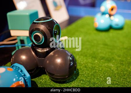 Mobiler selbstfahrender Roboter. Mobiler Crawler-Roboter mit Arm-Manipulator Stockfoto