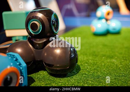 Mobiler selbstfahrender Roboter. Mobiler Crawler-Roboter mit Arm-Manipulator Stockfoto