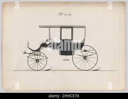 Design für 6 Sitz Rockaway, Nr. 3104 1875 Brewster & Co. American Brewster & Company HistorieBrewster & Company wurde 1810 von James Brewster (1788–1866) in New Haven, Connecticut, gegründet und spezialisierte sich auf die Herstellung von feinen Wagen. Der Gründer eröffnete 1827 einen New Yorker Showroom in der 53-54 Broad Street, und das Unternehmen florierte unter Generationen der Familienführung. Die Expansion erforderte Umzüge in Lower Manhattan, wobei Namensänderungen die Veränderungen des Managements widerspiegeln – James Brewster & Sons operierte an der Canal Street 25, James Brewster Sons am Broadway 396 und Brewster von der Broome Street war Stockfoto