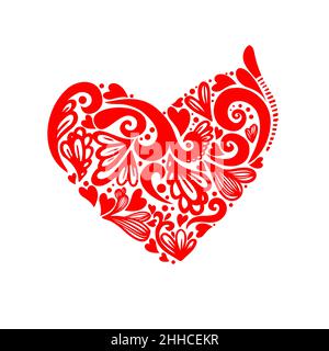 Blumig rotes Herz. Bouquet Komposition mit handgezeichneten Blumen und Pflanzen. Rote Vektor romantische Liebe Illustration im Sketch-Stil. Valentinskarte Stock Vektor