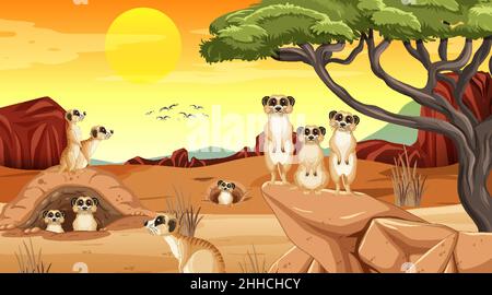 Erdmännchen in tropischer Grünlandlandschaft Illustration Stock Vektor