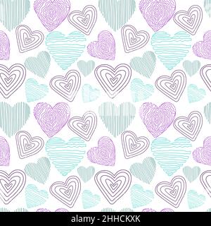 Ein nahtloses Muster aus Herzen, handgezeichneten Elementen auf weißem Hintergrund. Niedliche Herzen mit verschiedenen Texturen. Stock Vektor