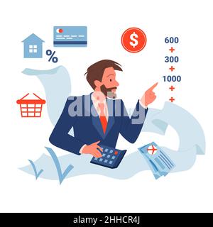 Persönliche Familienbudget Berechnung und Planung, Mann Berechnung der Zuweisung, Zahlungen Stock Vektor