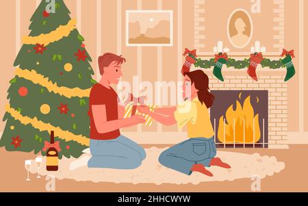 Weihnachtsaustausch Geschenke der glücklichen Familie, Mann und Frau sitzen in der Nähe von festlichen Kamin Stock Vektor