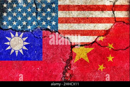 Grunge Flaggen Illustration von drei Ländern mit Konflikten und politischen Problemen (knackiger konkreter Hintergrund) | USA, China und Taiwan Stockfoto