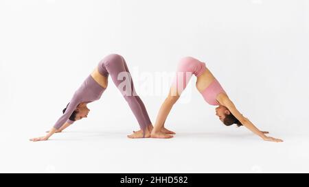 Trainerin mit Schülerin, die Adho Mukha Svanasana-Übung auf weißem Hintergrund macht, nach unten schauende Hundepose Stockfoto