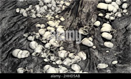 3D Illustration - Alte menschliche Schädel, die aus der Schlacht übrig geblieben sind. Das Konzept von Krieg und Apokalypse im Comic-Stil Stockfoto