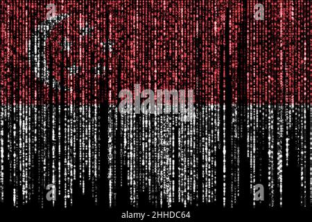 Flagge von Singapur auf einem Computer Binärcodes fallen von oben und verblassen weg. Stockfoto