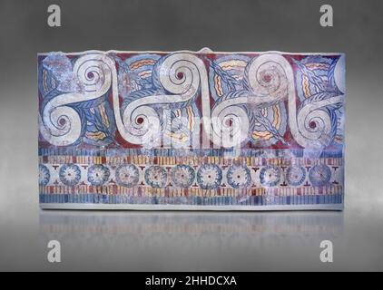 Mtcenaean Wand freco Malerei mit Rosetten und laufende Spiralen mit Papyrus-Blumen in den Winkeln, Palast von Tiryns, 13th Cent v. Chr.. Gegen grauen Hintern Stockfoto