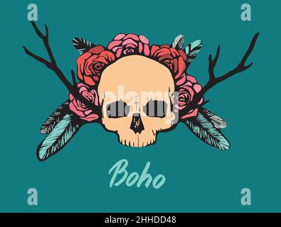 Bunte Vektor handgezeichnete Illustration. Kunstwerk mit Totenkopf, Blumen, Flügeln. Alchemie, Religion, Spiritualität, Okkultismus, Tattoo-Kunst. Vorlage für Stock Vektor