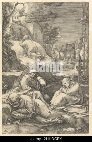 Die Qual im Garten, aus der Passion Christi 1597 Hendrick Goltzius Niederländisch Zwischen 1596 und 1598 gravierte Goltzius diese Serie von zwölf Drucken, die die Passion Christi illustrierten. Sie spiegeln den Einfluss des niederländischen Künstlers Lucas van Leyden sowohl in den Figurentypen als auch in der eigentlichen Gravurtechnik wider. Im Gegensatz zu seinem normalen Grafikstil, der durch eine dramatische Linie gekennzeichnet war, die um die Figuren und den Hintergrund schwillt und sich verjüngt, verwendet Goltzius hier dünne, gerade Linien, die mit langen, geraden Schraffurlinien durchzogen sind, die typisch für Lucas' Drucke sind. In Norther Stockfoto