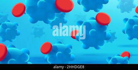 Coronavirus-Mutationsvektor-Hintergrund mit 3D Krankheitsmolekülen und roten Blutkörperchen. Abstrakter Virenhintergrund Stock Vektor