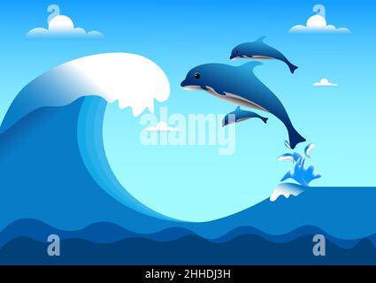 Zeichnung Delphin Fisch und Wellen Ozean glücklich springen mit Welle Vektor Illustration Stock Vektor
