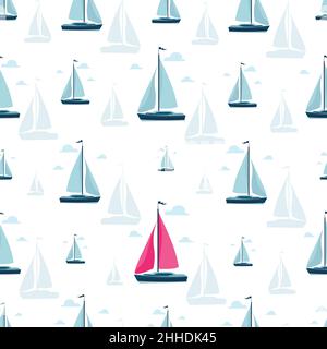 Segelboot Hintergrund. Yachtclub. Seitenansicht des Segelbootes. Nahtloses Muster. Luxus-Yacht-Rennen, Meer, Segeln Regatta Vektor Illustration. Reisen auf dem Meer um die Welt, Yacht-Rennen. Stock Vektor