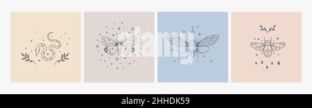 Boho-Logo-Design. Geometrie Linie Insekten, mystische Symbole mit Sternen. Magische, zarte Stilikonen, Bohemian-Drucke. Naturschlange, Käfer, Schmetterling Stock Vektor