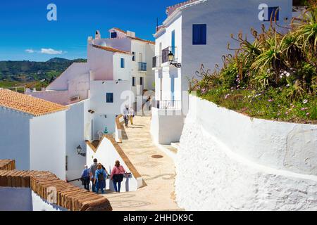 El Barriobarto de Frigililiana, enge abfallende Straßen und weiß getünchte Häuser, Andalusien Stockfoto