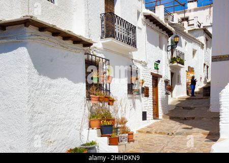Blick auf eine Straße in Capileira, die typischen malerischen Häuser. Capileira, Andalusien, Spanien Stockfoto