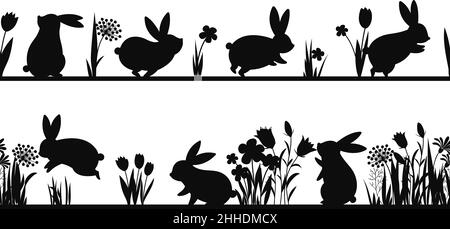 Kaninchenbilder im Gras. Hase auf Wiese, schwarzes Federmuster. Dekorative Sticker für Dekor, florale ostern Vektor Hintergrund Stock Vektor