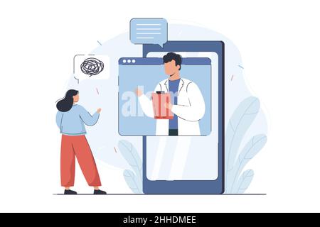 Flache Frau, die mit Psychologen berät. Online-Beratung und Therapie Patient mit emotionalen Störungen, psychischen Erkrankungen und Angst Geist. Virtuelles psychologisches Hilfe- und Unterstützungskonzept. Stock Vektor