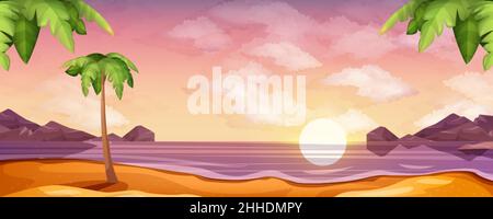 Vektor Cartoon Meer mit Sonnenuntergang oder Sonnenaufgang am Strand. Meereslandschaft mit Sandküste, Palmen und Bergen am Horizont. Naturlandschaft Hintergrund mit Wolken am Himmel und aufgehende Sonne. Stock Vektor
