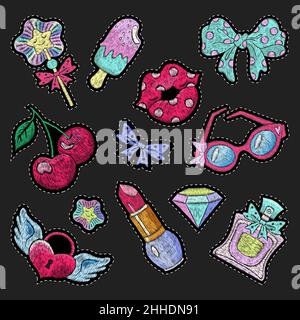 Stickmuster. Mädchen Patch, Seidenstich Liebe Mode Aufkleber für Kleidung. Rosa Lippen, Herz- und Diamantabzeichen. Cool 80s Design nowaday Vektor Stock Vektor