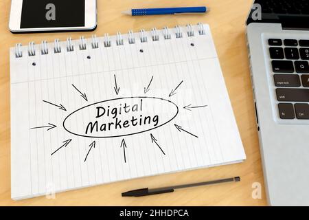 Digitales Marketing - handgeschriebener Text in einem Notizbuch auf einem Schreibtisch - 3D Render Illustration. Stockfoto