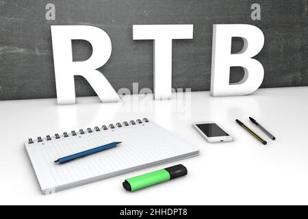 RTB - Echtzeitbieten - Textkonzept mit Tafel, Notizbuch, Stiften und Mobiltelefon. 3D Darstellung rendern. Stockfoto