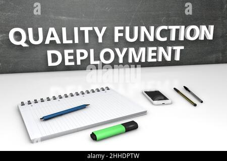 QFD - Quality Function Deployment - Textkonzept mit Tafel, Notizbuch, Stiften und Mobiltelefon. 3D Darstellung rendern. Stockfoto